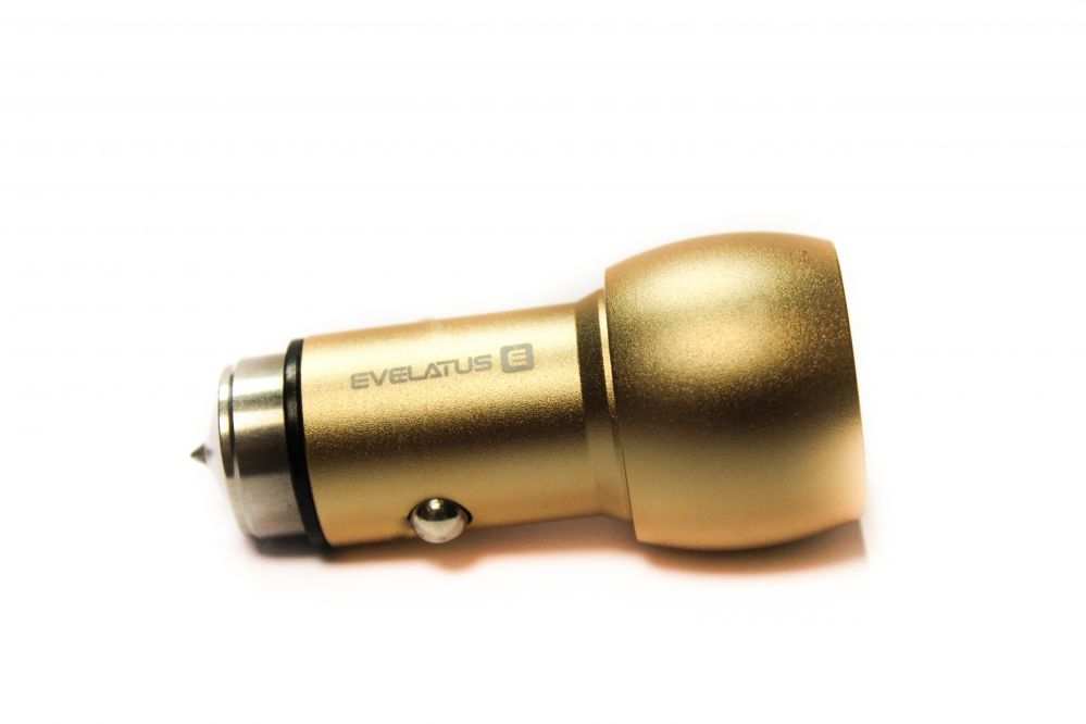 Auto lādētāji Evelatus - Car Charger ECC01 GOLD 2USB port 3.1A with stainless steel escape tool Gold