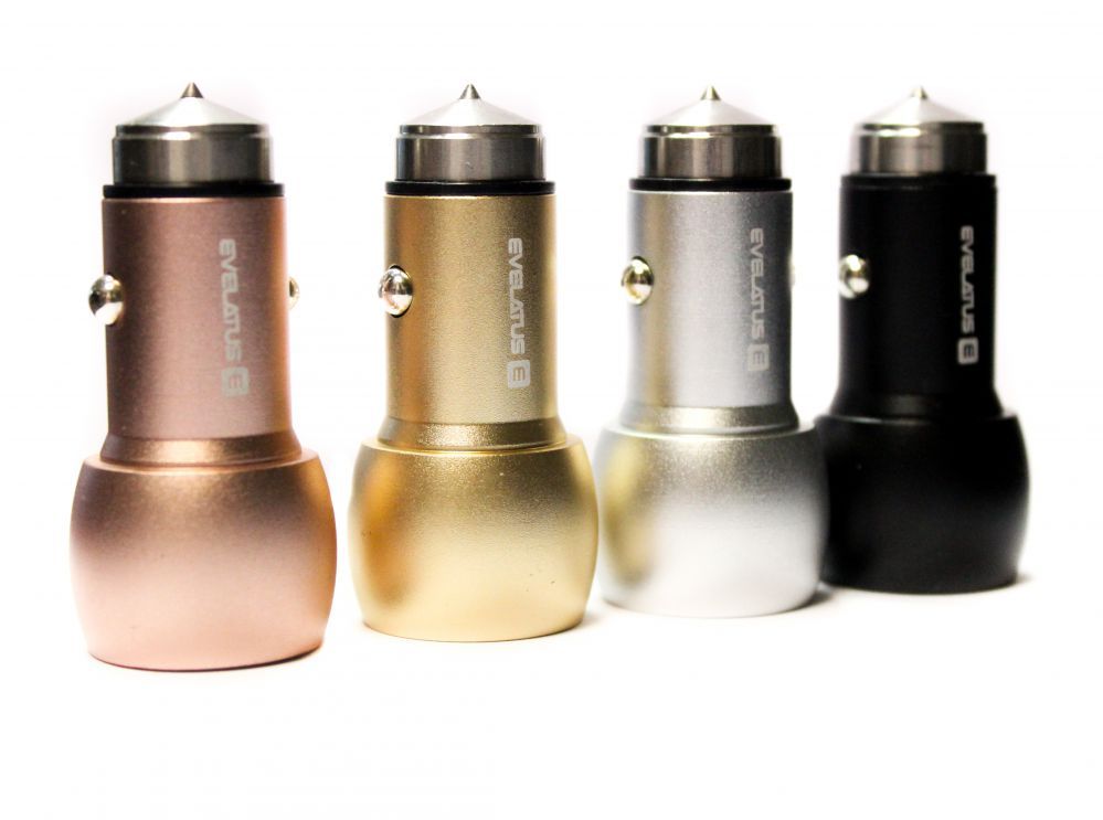Auto lādētāji Evelatus - Car Charger ECC01 GOLD 2USB port 3.1A with stainless steel escape tool Gold
