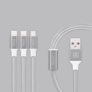 Kabelis Recci Universal Delicate RCS-H120 3 in 1 Micro USB + 2 x Lightning Fast Charging 1,2 m Grey