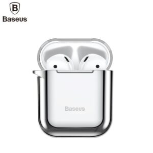 Back panel cover Baseus Apple Metallic Shining Ultra-thin Silicone Protector Case with Hook for Airpods 1 / 2 Silver