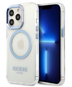 Aizmugurējais vāciņš Guess Apple iPhone 13 Pro Max 6.7 hard case Metal Outline Magsafe Transparent Blue