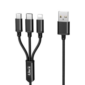 Kaabel iLike  Charging Cable 3 in 1, USB, Type C, Lightning, CCI02 Black