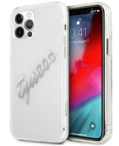 Nugarėlės dėklai Guess Apple iPhone 12 Pro Max 6.7 hardcase Vintage Script Silver Transparent