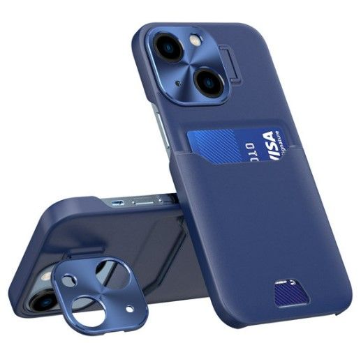 Back panel cover iLike Apple iPhone 14 Leather Stand Case card wallet with stand Blue