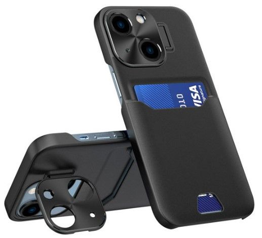 Back panel cover iLike Apple iPhone 14 Leather Stand Case cover card wallet with stand Black