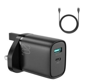Adapteris Joyroom  fast UK wall charger USB Type C + USB 20W PD QC3.0 black (L-QP2011) + USB Type C - Lightning cable 1m Black