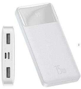 Ārējais akumulators Baseus  Bipow power bank 10000mAh 2x USB / USB Type C / micro USB 15W White