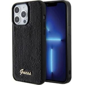 Nugarėlės dėklai Guess Apple iPhone 15 HC SEQUIN SCRIPT METAL Black