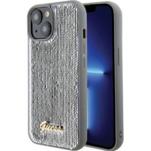 Aizmugurējais vāciņš Guess - iPhone 15 HC SEQUIN SCRIPT METAL Silver