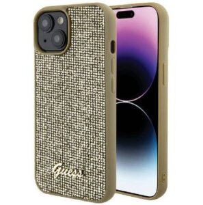 Nugarėlės dėklai Guess Apple iPhone 15 HC PU DISCO SCRIPT METAL Gold