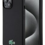 Back panel cover Lacoste Apple iPhone 15 6.1 Liquid Silicone Microfiber Croc Logo Magsafe Back Cover Black