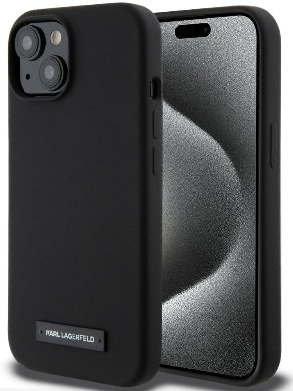 Tagakaaned Karl Lagerfeld Apple iPhone 15 Liquid Silicone Plaque MagSafe Case Black