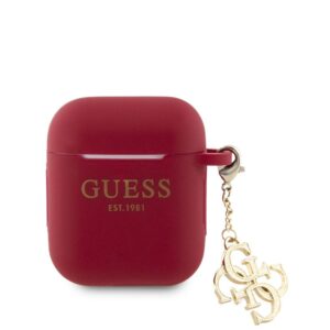 Aizmugurējais vāciņš Guess Apple Airpods 1/2 Case Silicone Classic Logo Gold With 4G Charm Magenta