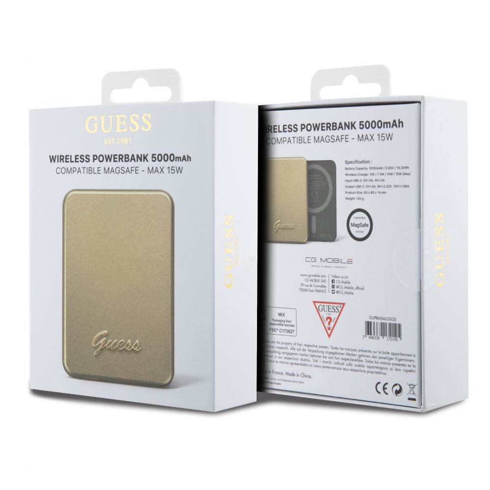 Väline aku Guess Power Bank 5000mAh 15W MagSafe And Regular Charge With Metal Ssript Logo Gold