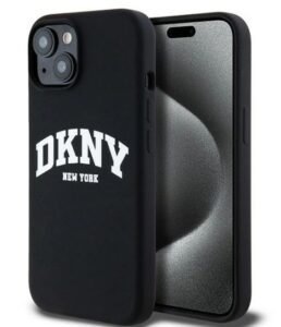 Aizmugurējais vāciņš DKNY Apple iPhone 15 hardcase Liquid Silicone White Printed Logo MagSafe Black