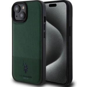 Aizmugurējais vāciņš U.S. Polo PU Apple iPhone 15 Leather Mesh Pattern Double Horse Case Green