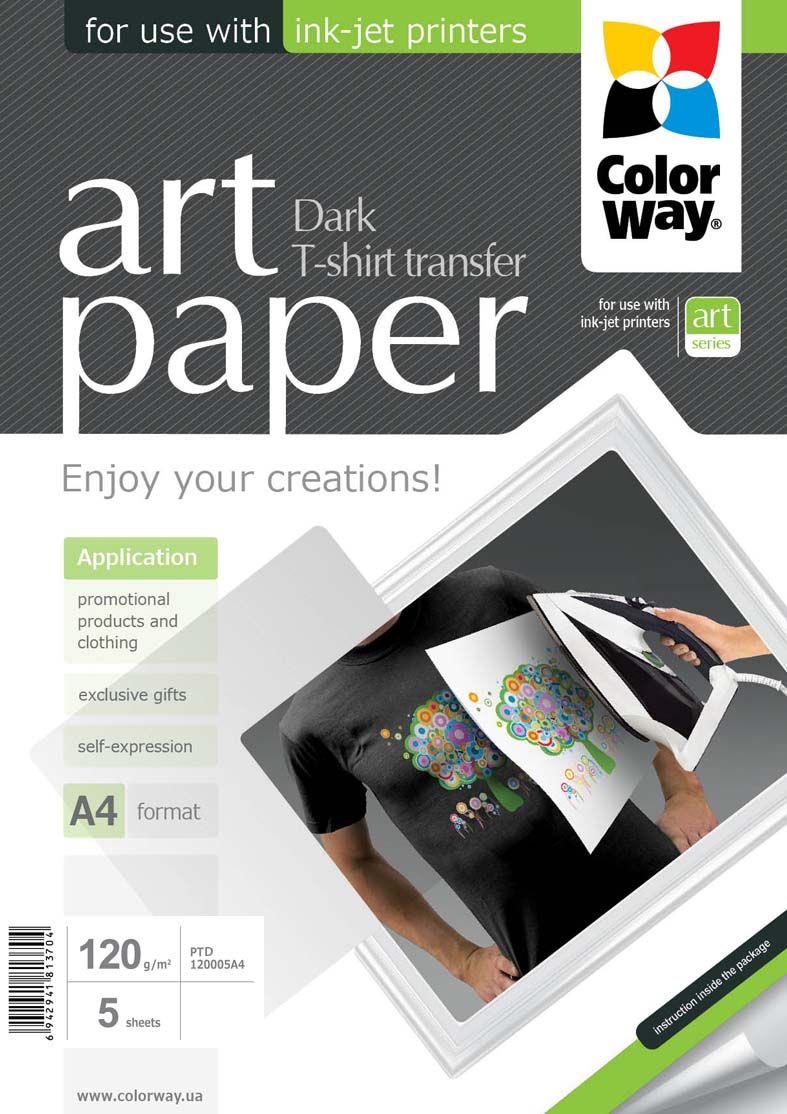 Kontoritarbed ColorWay ART T-shirt transfer (dark) Photo Paper, 5 sheets, A4, 120 g/m²