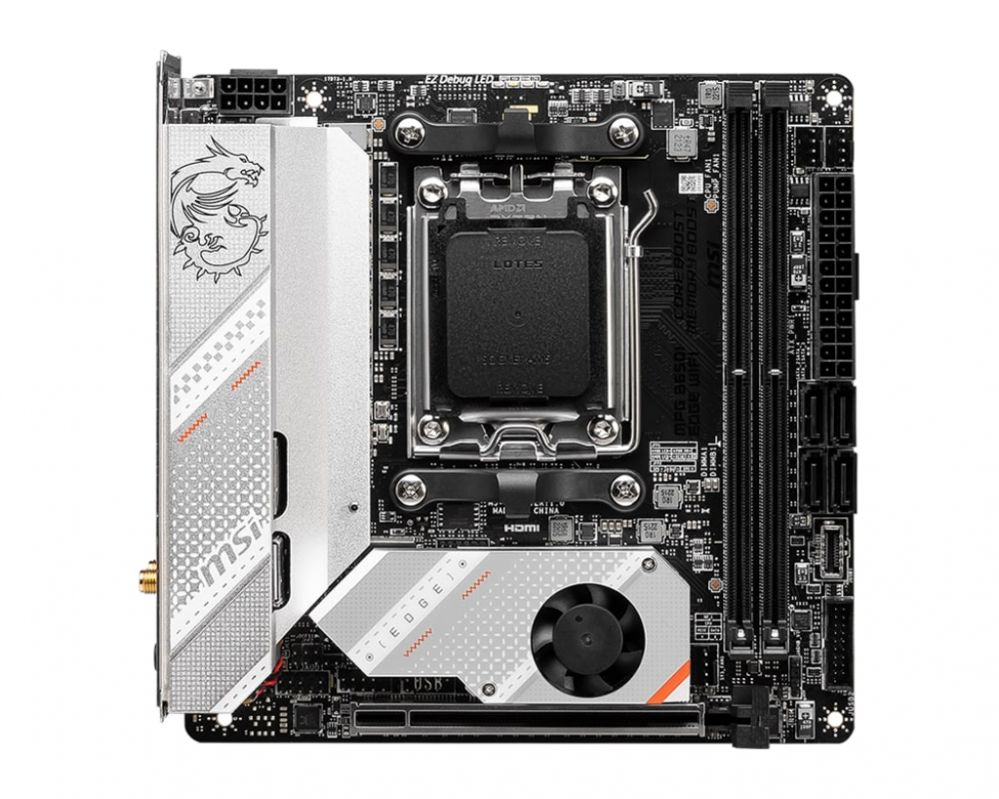 Motherboard for Intel processors MSI MPG B650I EDGE WIFI Processor family AMD Processor socket AM5 DDR5 DIMM Memory slots 2 Supported hard disk drive interfaces SATA, M.2 Number of SATA connectors 4 Chipset AMD B650 Mini-ITX