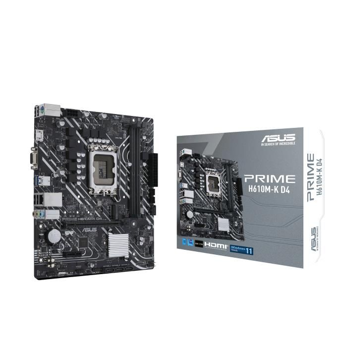 Motherboard for Intel processors Asus Mainboard||Intel H610|LGA1700|MicroATX|Memory DDR4|Memory slots 2|1xPCI-Express 3.0 1x|1xPCI-Express 4.0 16x|1xM.2|1x15pin D-sub|1xHDMI|2xAudio-In|1xAudio-Out|4xUSB 2.0|2xUSB 3.2|1xPS/2|1xRJ45|PRIMEH610M-KD4