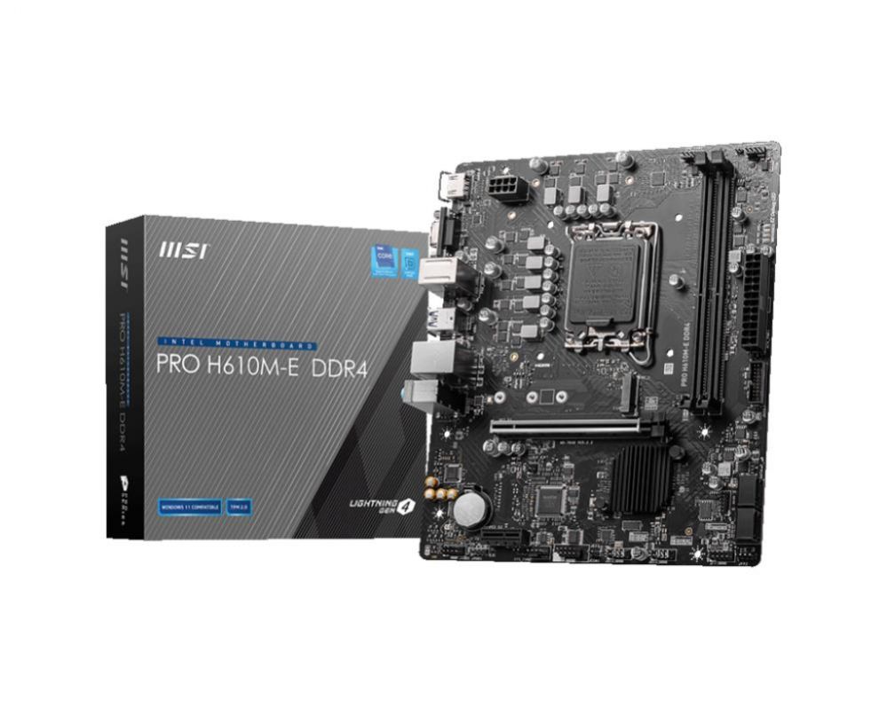 Intel protsessori emaplaat MSI Mainboard||Intel H610|LGA1700|MicroATX|Memory DDR4|Memory slots 2|1xPCI-Express 1x|1xPCI-Express 16x|1xM.2|1x15pin D-sub|1xHDMI|4xUSB 2.0|2xUSB 3.2|1xPS/2|1xRJ45|3xAudio port|PROH610M-EDDR4