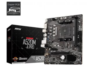 AMD protsessori emaplaat MSI  Mainboard||AMD A520|SAM4|MicroATX|1xPCI-Express 3.0 1x|1xPCI-Express 3.0 16x|1xM.2|Memory DDR4|Memory slots 2|1xDVI|1xHDMI|2xAudio-Out|2xUSB 2.0|4xUSB 3.2|1xRJ45|A520M-APRO 