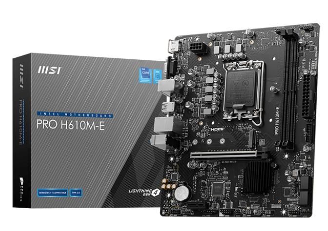 Intel protsessori emaplaat MSI Mainboard||Intel H610|LGA1700|Micro-ATX|Memory DDR5|Memory slots 2|1xPCI-Express 1x|1xPCI-Express 16x|1xM.2|1x15pin D-sub|1xHDMI|4xUSB 2.0|2xUSB 3.2|1xPS/2|1xRJ45|3xAudio port|PROH610M-E