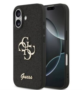 Nugarėlės dėklai Guess Apple iPhone 17 PU Fixed Glitter 4G Metal Logo Case Black