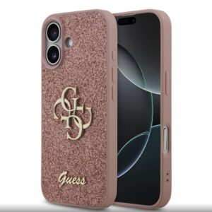 Nugarėlės dėklai Guess Apple iPhone 17 PU Fixed Glitter 4G Metal Logo Case Pink