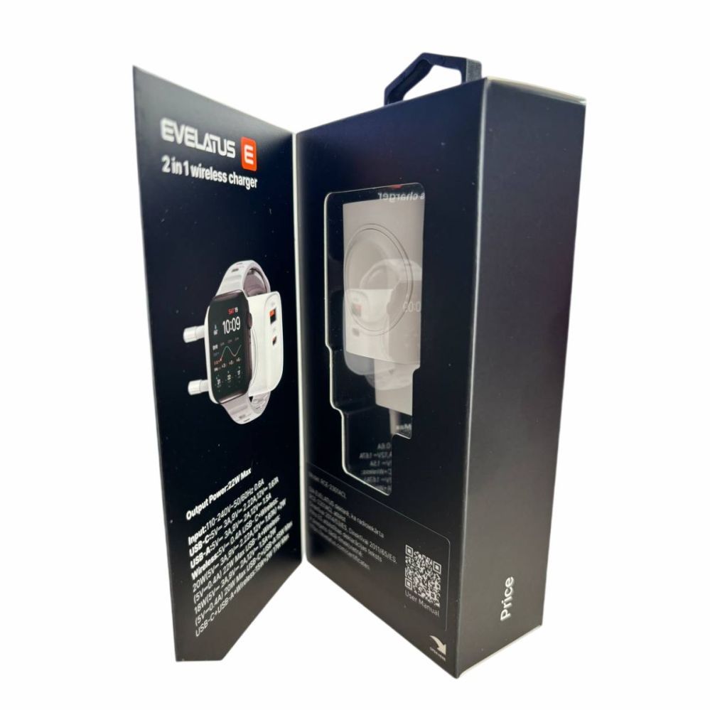 Adapteris Evelatus Evelatus 2 in 1 Charger 20W Max USB-C+USB-A:15W Max USB-C+USB-A+Wireless:15W+2W 17W Max White