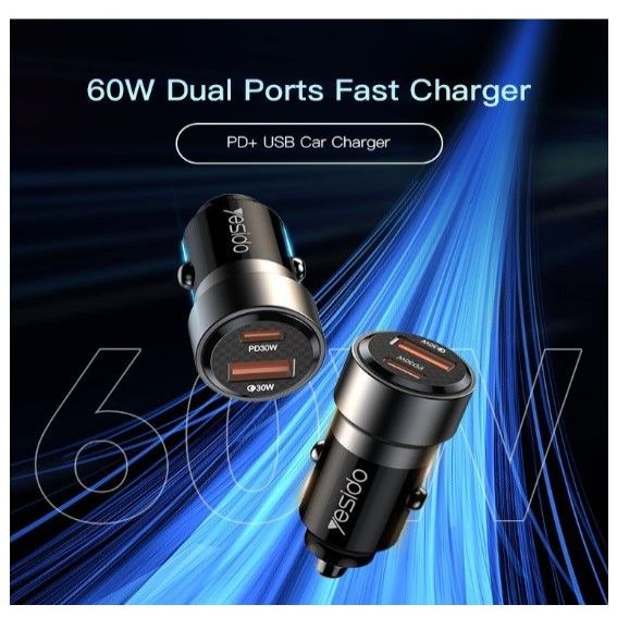 Auto lādētāji yesido Y54 60W Fast Charging Car Charger | With TC to IP cable car cigarette lighting port charger adapter Black