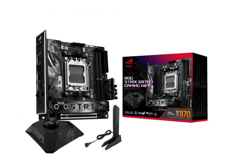 Intel protsessori emaplaat Asus | ROG STRIX X870-I GAMING WIFI | Processor family AMD | Processor socket AM5 | DDR5 DIMM | Supported hard disk drive interfaces SATA, M.2 | Number of SATA connectors 2