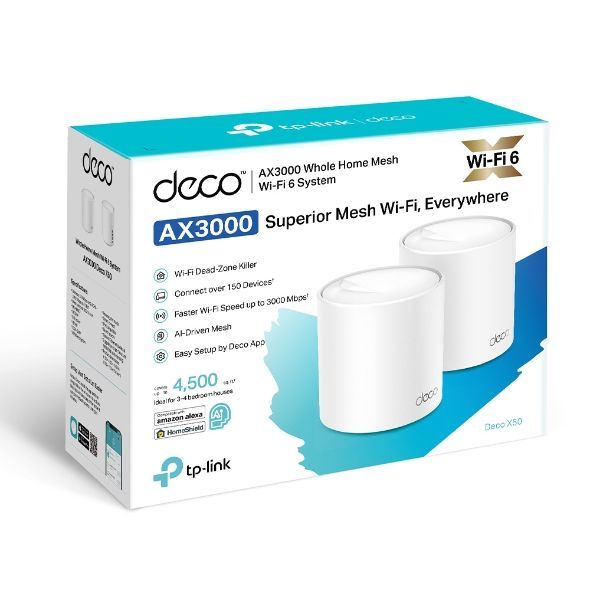 Routers TP-Link Whole Home Mesh Wi-Fi 6 System Deco X50 (2-pack) 802.11ax, 574+2402 Mbit/s, Ethernet LAN (RJ-45) ports 3, Mesh Support Yes, MU-MiMO Yes, Antenna type Internal