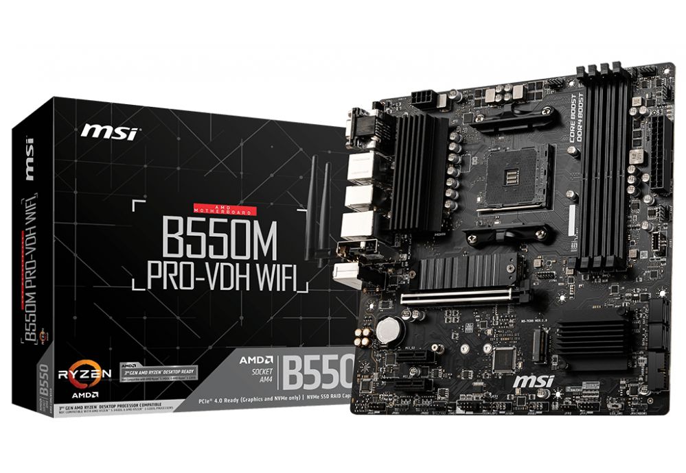 Motherboard for Intel processors MSI B550M PRO-VDH WIFI Processor family AMD, Processor socket AM4, DDR4, Memory slots 4, Chipset AMD B, Micro ATX