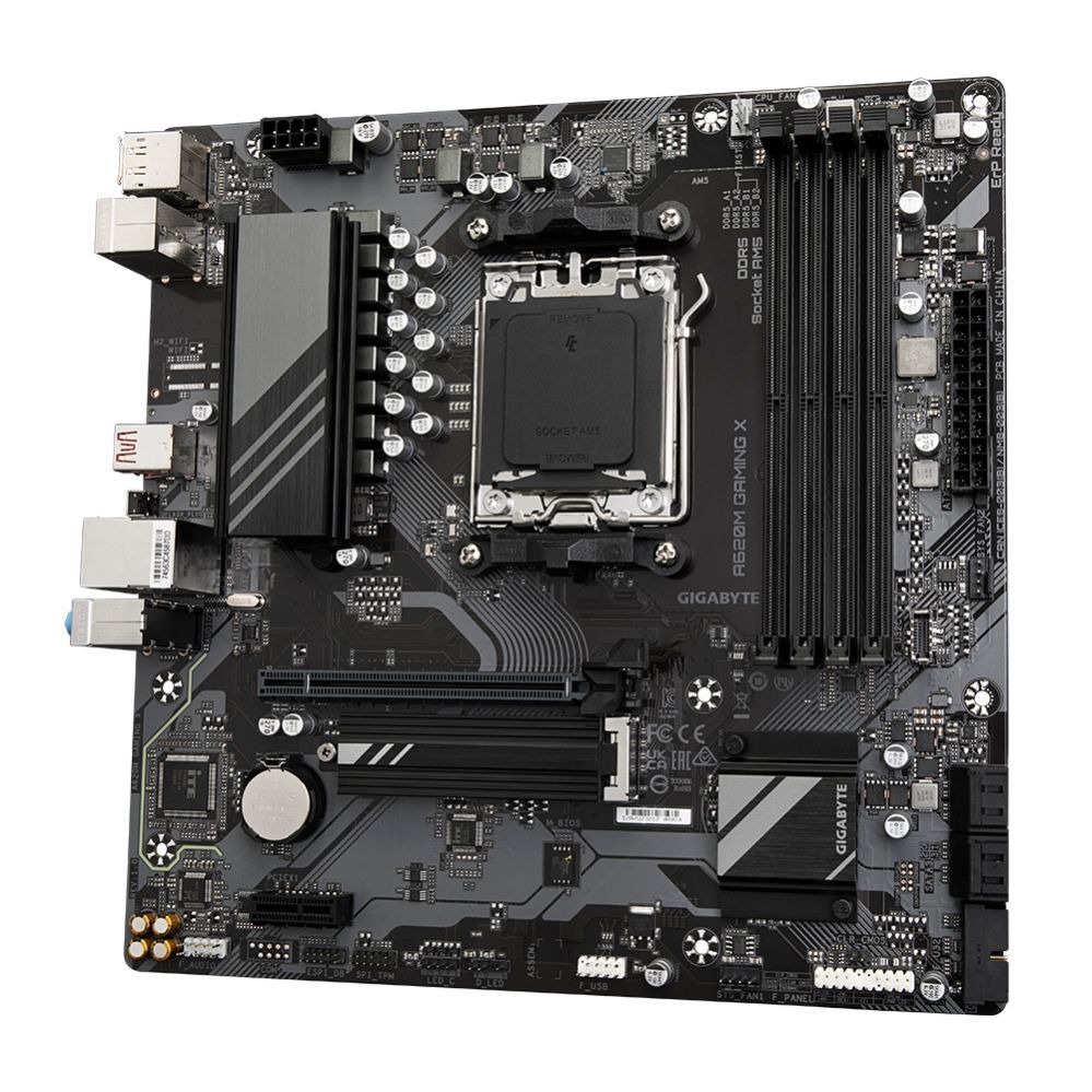 Motherboard for Intel processors Gigabyte A620M GAMING XG10 Processor family AMD, Processor socket AM5, DDR5 DIMM, Memory slots 4, Supported hard disk drive interfaces SATA, M.2, Number of SATA connectors 4, Chipset AMD A620, Micro ATX