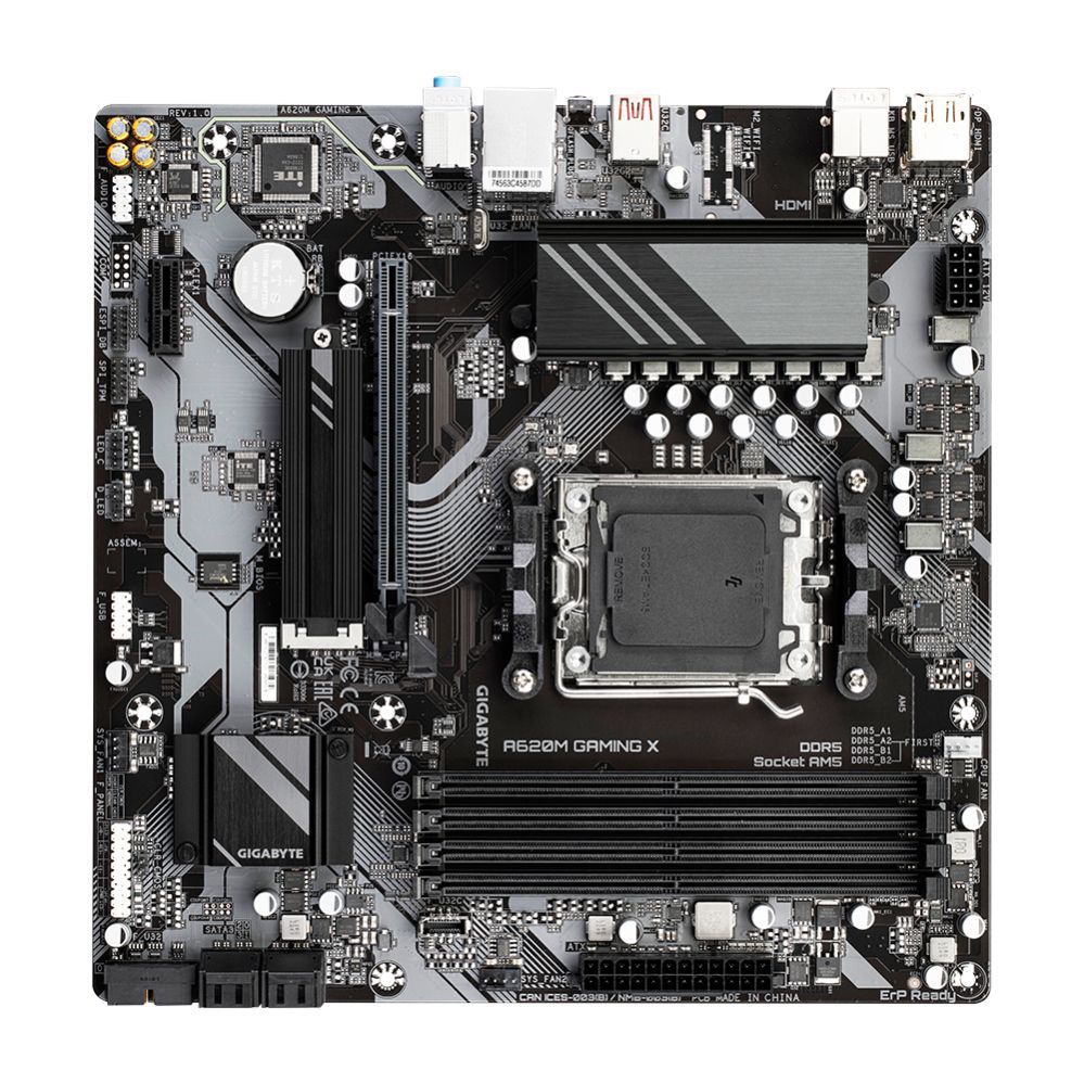 Motherboard for Intel processors Gigabyte A620M GAMING XG10 Processor family AMD, Processor socket AM5, DDR5 DIMM, Memory slots 4, Supported hard disk drive interfaces SATA, M.2, Number of SATA connectors 4, Chipset AMD A620, Micro ATX