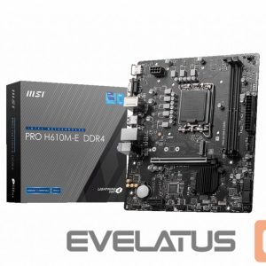 Intel protsessori emaplaat MSI  PRO H610M-E DDR4 Processor family Intel, Processor socket  LGA1700, DDR4 DIMM, Memory slots 2, Supported hard disk drive interfaces 	SATA, M.2, Number of SATA connectors 4, Chipset Intel H610, Mirco-ATX 