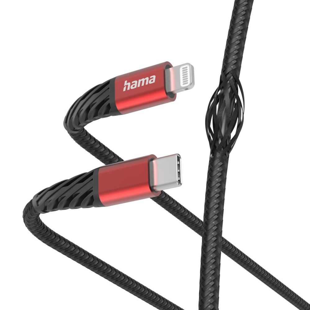 Kabelis Hama Hama 00201541 Extreme Charging Cable USB-C - Lightning 1.5m Nylon black/red