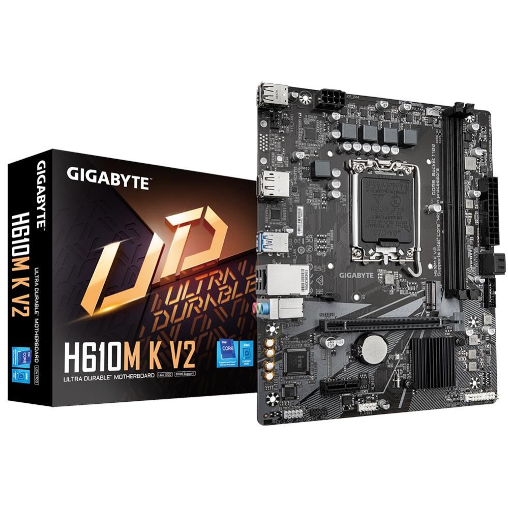 Motherboard for Intel processors Gigabyte Mainboard||Intel H610|LGA1700|Micro-ATX|Memory DDR5|Memory slots 2|1xPCI-Express 3.0 1x|1xPCI-Express 4.0 16x|1xM.2|1xHDMI|1xDisplayPort|4xUSB 2.0|2xUSB 3.2|1xPS/2|1xRJ45|3xAudio port|H610MKV2