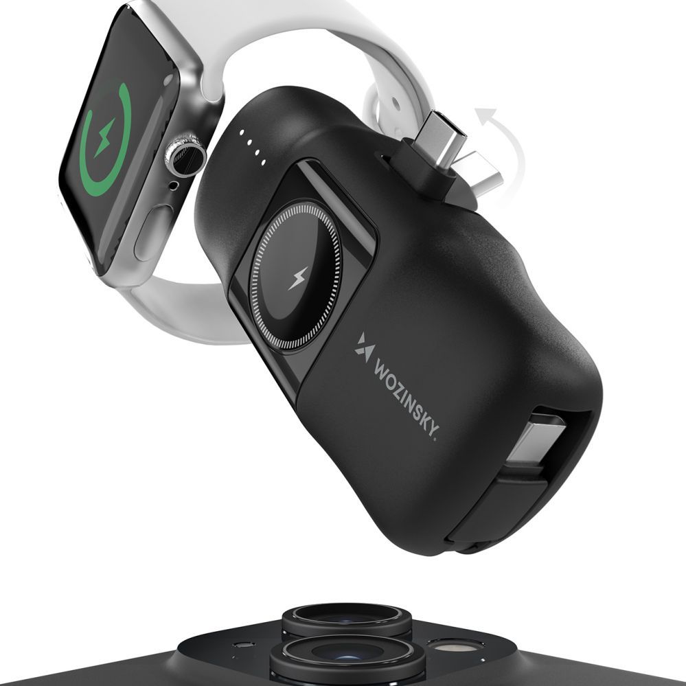 Ārējais akumulators Wozinsky Wozinsky WF16-YCS 5000mAh 15W USB-C Mini Power Bank with Built-in USB-C Cable and Apple Watch Charger - Black