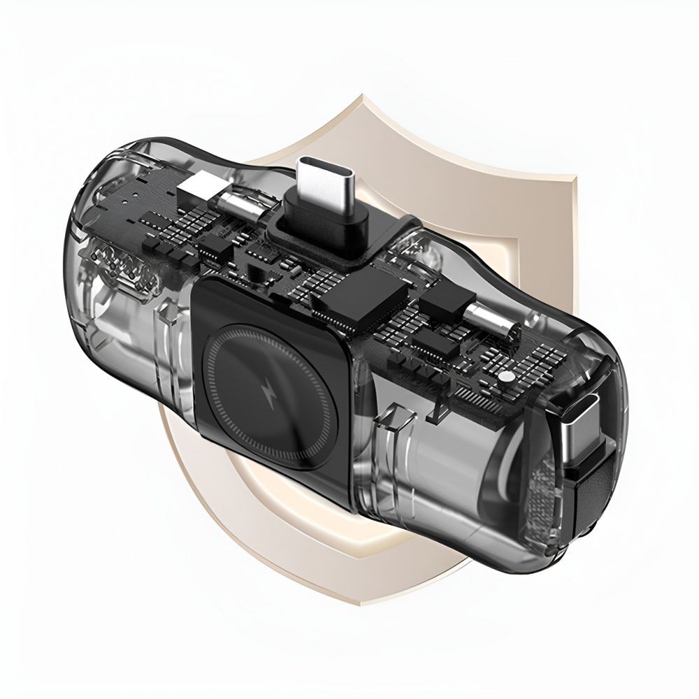 Ārējais akumulators Wozinsky Wozinsky WF16-YCS 5000mAh 15W USB-C Mini Power Bank with Built-in USB-C Cable and Apple Watch Charger - Black