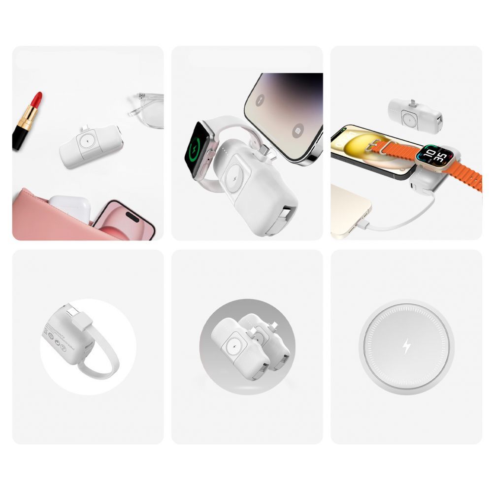 Other Phone Accessory Wozinsky Wozinsky WF16-YCS 5000mAh 15W USB-C Mini Power Bank with Built-in USB-C Cable and Apple Watch Charger - White