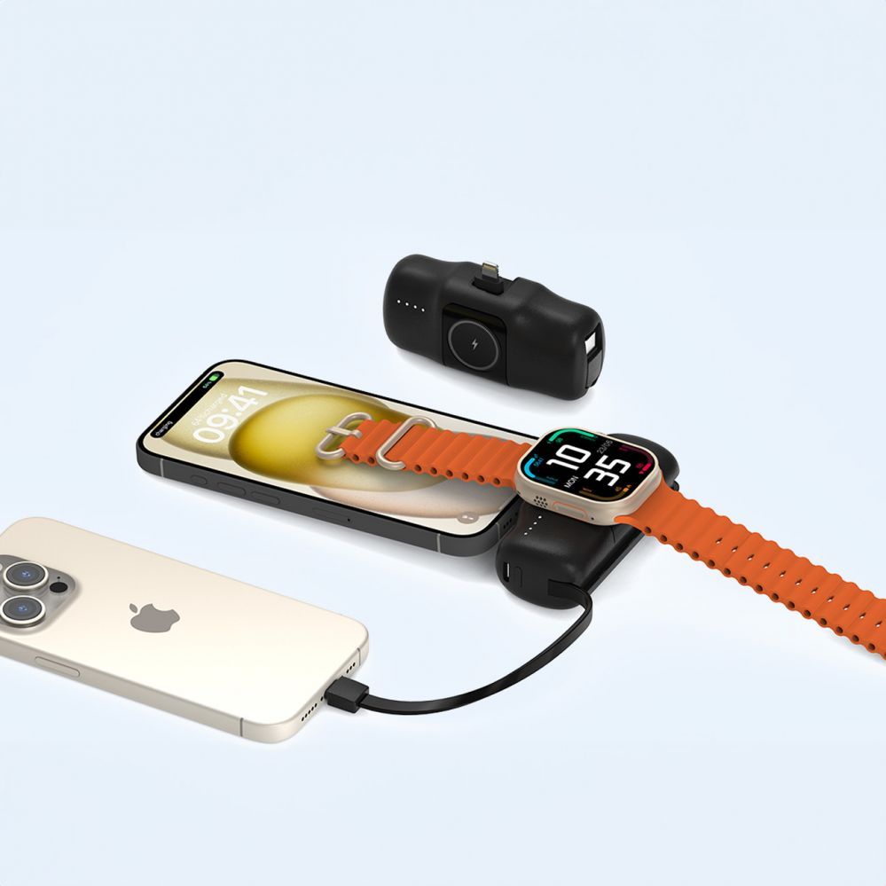 Väline aku Wozinsky WF16-YLS 5000mAh 15W Lightning Mini Power Bank with Built-in USB-C Cable and Apple Watch Charger - Black