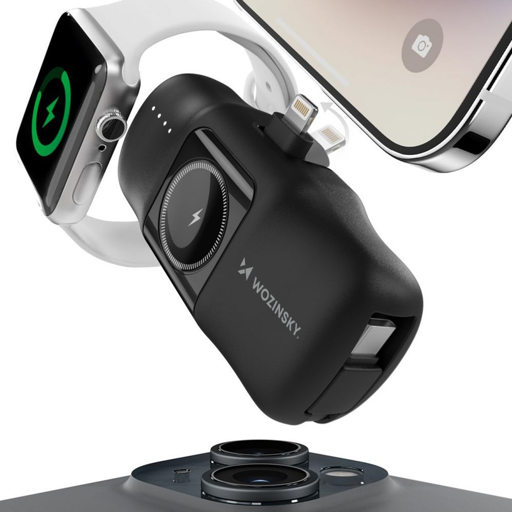 Väline aku Wozinsky WF16-YLS 5000mAh 15W Lightning Mini Power Bank with Built-in USB-C Cable and Apple Watch Charger - Black