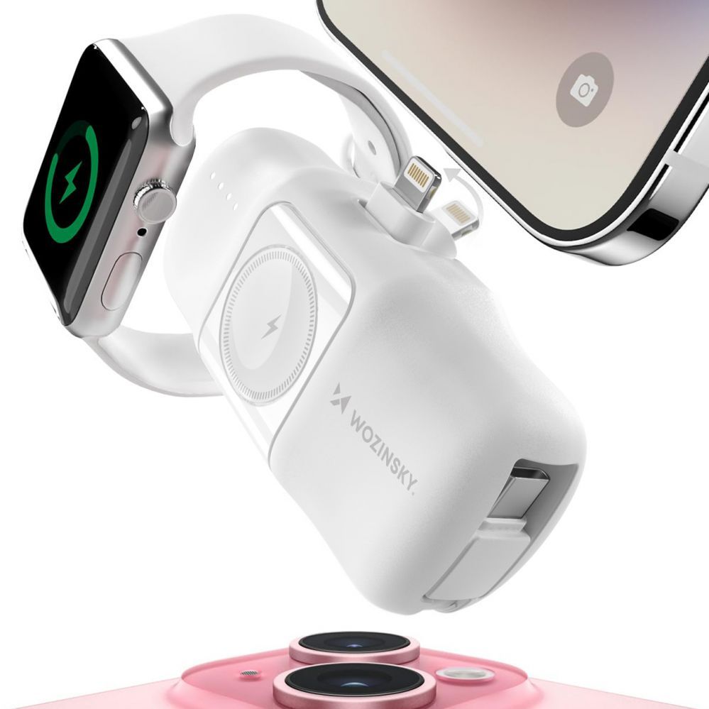 Other Phone Accessory Wozinsky WF16-YLS 5000mAh 15W Lightning Mini Power Bank with Built-in USB-C Cable and Apple Watch Charger - White