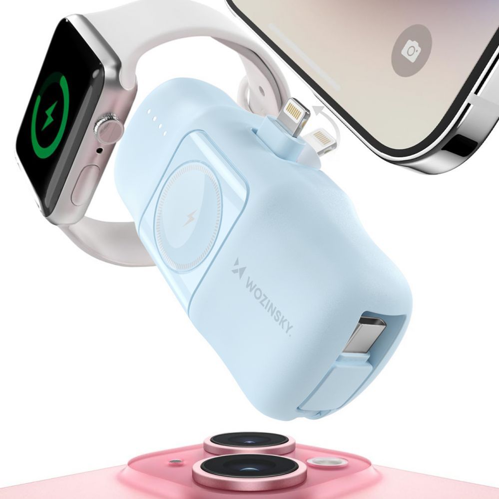 Other Phone Accessory Wozinsky WF16-YLS 5000mAh 15W Lightning Mini Power Bank with Built-in USB-C Cable and Apple Watch Charger - Blue
