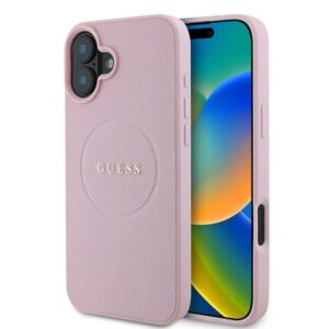 Aizmugurējais vāciņš Guess  Guess Grained Gold Ring MagSafe iPhone 16 Plus Case - Pink