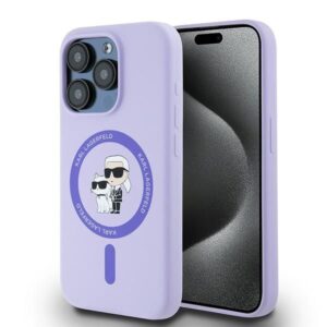 Nugarėlės dėklai Karl Lagerfeld  Karl Lagerfeld Silicone Karl&Choupette Heads Ring MagSafe Case for iPhone 15 Pro - Purple 