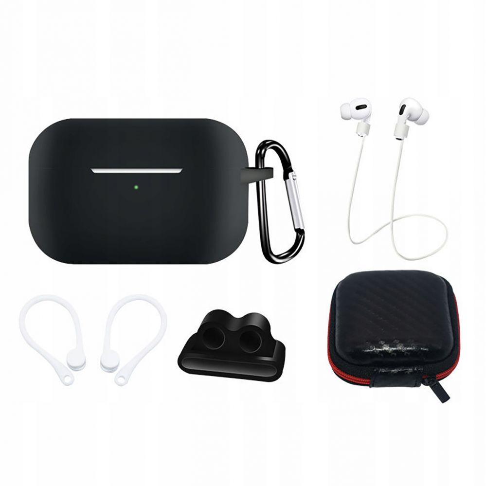 Nugarėlės dėklai Hurtel Silicone Case Set for AirPods Pro 2 / AirPods Pro 1 + Case / Ear Hook / Neck Strap / Watch Strap Holder / Carabiner - black