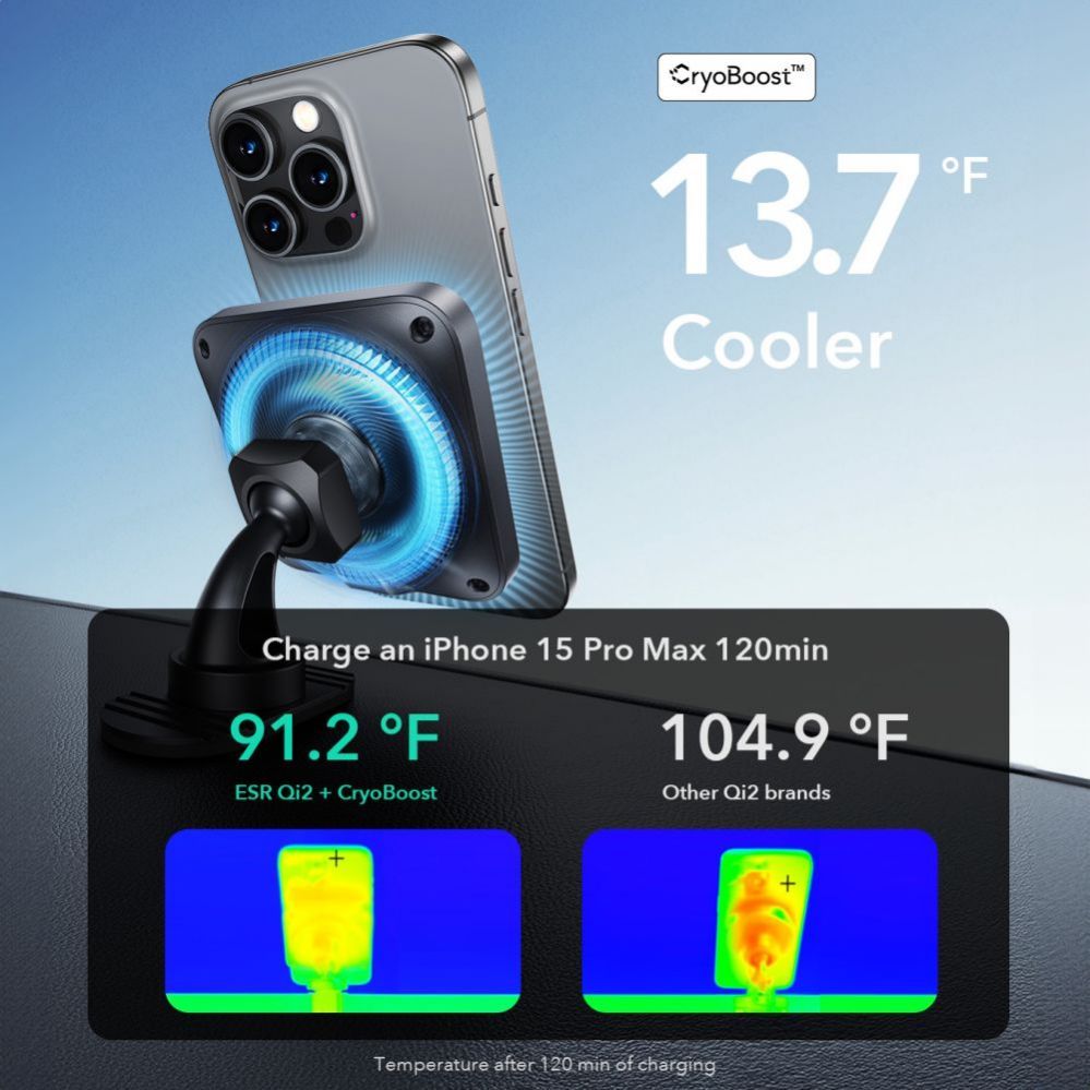 Cits mobilo telefonu aksesuārs ESR ESR Halolock CryoBoost MagSafe Inductive Charger Holder for Dashboard and Air Vent with Qi 2 15W - Black