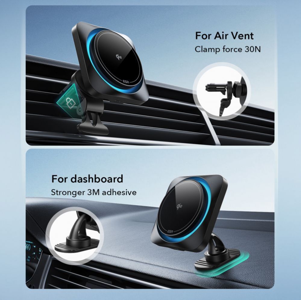 Cits mobilo telefonu aksesuārs ESR ESR Halolock CryoBoost MagSafe Inductive Charger Holder for Dashboard and Air Vent with Qi 2 15W - Black